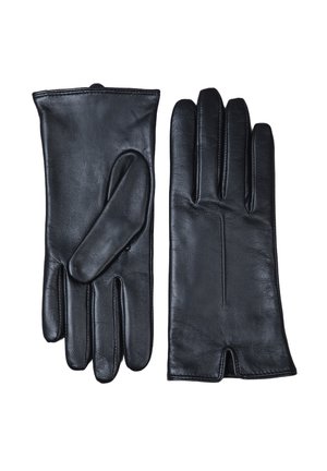 Pair of black leather gloves laid flat, showing the front of one glove and the back of the other, with a small wrist slit visible.