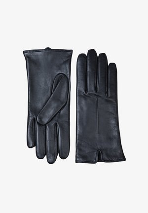 Pair of black leather gloves laid flat, showing the front of one glove and the back of the other, with a small wrist slit visible.
