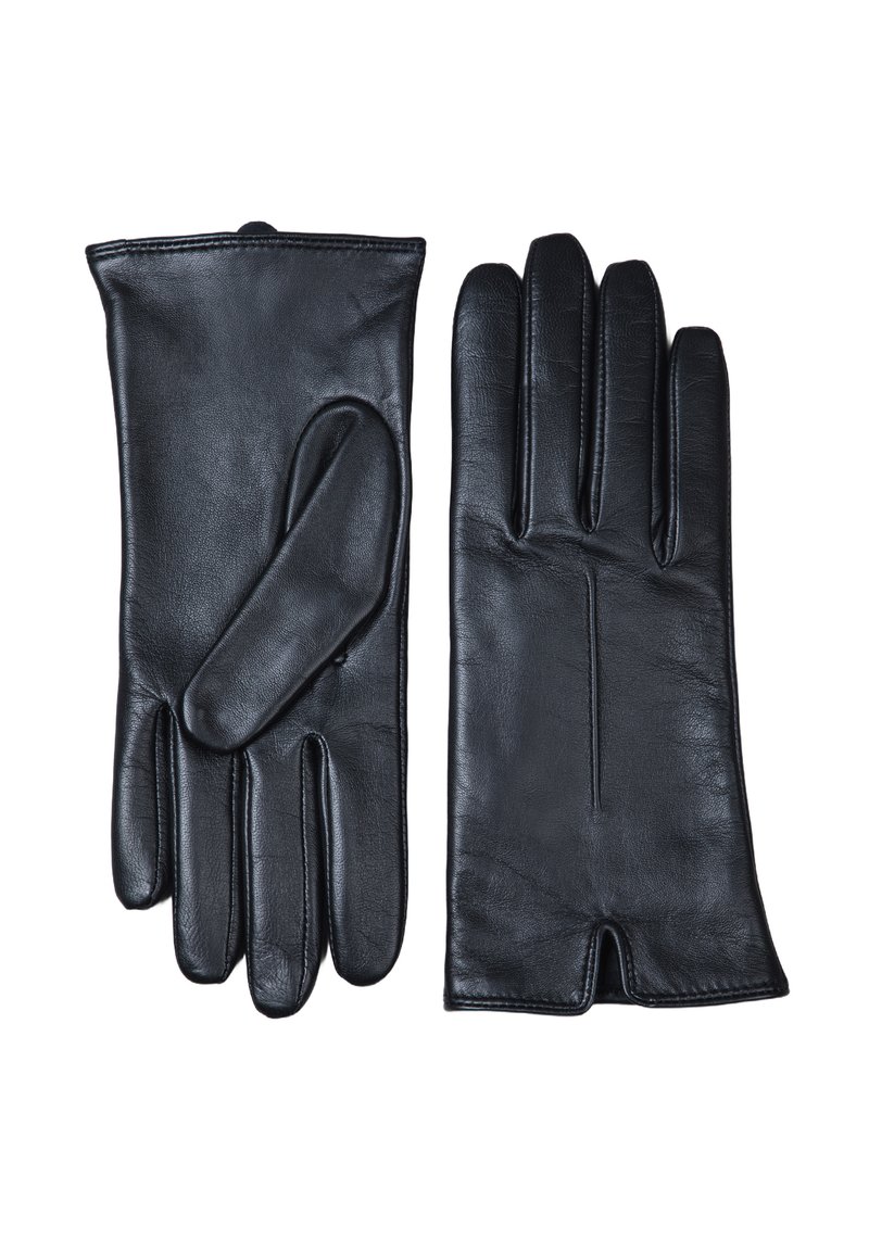Pair of black leather gloves laid flat, showing the front of one glove and the back of the other, with a small wrist slit visible.