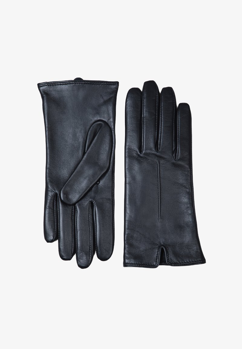 Pair of black leather gloves laid flat, showing the front of one glove and the back of the other, with a small wrist slit visible.