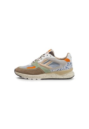 Multicolored athletic shoe featuring a mix of materials: grey mesh, brown suede, orange accents, and speckled white sole.