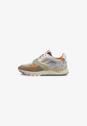 Multicolored athletic shoe featuring a mix of materials: grey mesh, brown suede, orange accents, and speckled white sole.