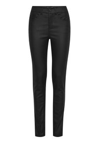 Jean skinny noir en tissu extensible, avec une texture lisse, un design à cinq poches et une fermeture à bouton sur le devant.