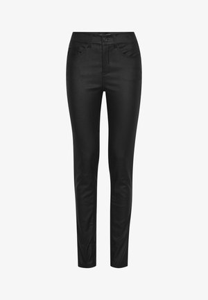 Zwarte skinny jeans gemaakt van rekbare stof, met een gladde textuur, een vijf-pocket ontwerp en een sluiting met een knoop aan de voorkant.