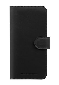 Funda para teléfono de cuero negro con superficie texturizada, esquinas redondeadas y cierre magnético. Presenta el nombre de la marca en relieve en la parte inferior.