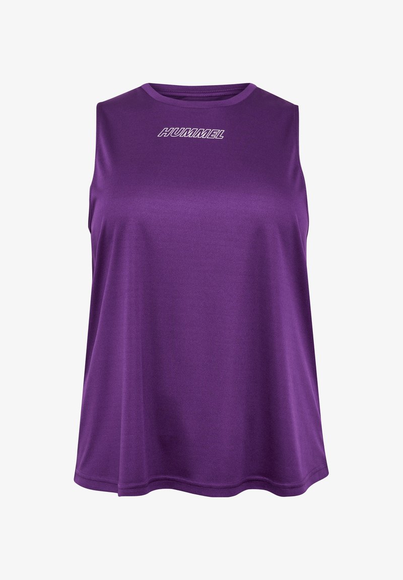 Lila ärmlös sporttop med en mjuk tygstruktur, med rundad halsringning och "HUMMEL"-logotypen i kontrasterande vit text.