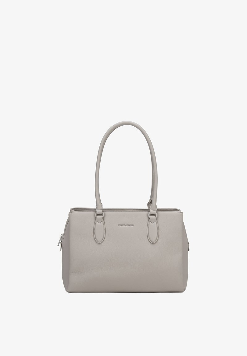 Sac à main rectangulaire en cuir gris clair avec deux longues anses et un petit logo de marque argenté centré à l'avant.