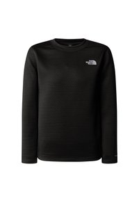 Čierna dlhorukávová košeľa z textúrovaného materiálu s okrúhlym výstrihom. Na hrudi je malý biely znak a rukávy majú priliehavé manžety.