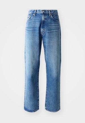 Lichtblauwe denim jeans met een rechte pijp, voorzien van een knoop- en ritssluiting, een vijf-pocketdesign en vervaging voor een versleten uitstraling.