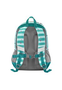 Zaino teal e grigio con motivo a righe sulle spalline, retro in rete per ventilazione, fibbie laterali regolabili e tasche su entrambi i lati.