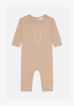 Brassière pour bébé beige en tissu doux, avec un design brodé de hérisson sur le devant, des manches longues et un design ouvert au niveau des pieds.