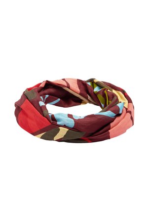 Wielobarwny szalik typu infinity z geometrycznymi i kwiatowymi wzorami w odcieniach czerwieni, brązu, niebieskiego i zieleni, rozłożony płasko w kształcie koła.