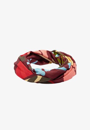 Wielobarwny szalik typu infinity z geometrycznymi i kwiatowymi wzorami w odcieniach czerwieni, brązu, niebieskiego i zieleni, rozłożony płasko w kształcie koła.