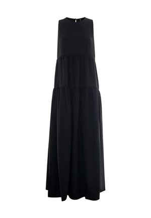 Abito nero senza maniche con scollatura rotonda, design a strati, texture morbida e silhouette fluida. Presenta una chiusura sul retro discreta.