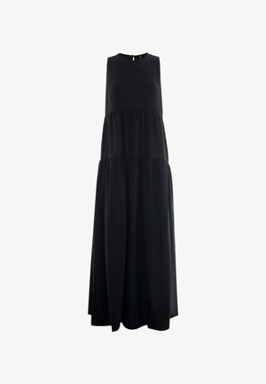 Abito nero senza maniche con scollatura rotonda, design a strati, texture morbida e silhouette fluida. Presenta una chiusura sul retro discreta.