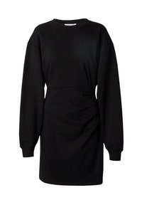 Schwarzes Sweatshirtkleid mit langen Ärmeln und lässigem Schnitt. Verfügt über eine geraffte Taille und einen weichen Stoff mit glatter Textur.