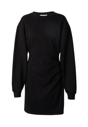 Robe sweat noire à manches longues et coupe décontractée. Caractéristiques d'une taille resserrée et d'un tissu doux avec une texture lisse.