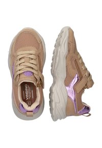 Beige mesh and suede sneakers with purple metallic accents, laces, and a zip closure. Thick white rubber soles for support.