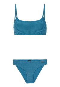 Tirkizni rebrasti bikini set koji se sastoji od bralettea s kvadratnim izrezom i tankim naramenicama te odgovarajućih donjih dijelova s niskim strukom. Mekana, teksturirana tkanina s minimalnim detaljima.
