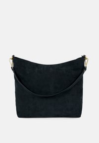 Black suede shoulder bag with a curved top, soft texture, and a single adjustable strap. Features gold-tone hardware accents.