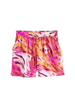 Kleurige shorts met een roze en oranje abstract patroon, gemaakt van lichtgewicht stof met een elastische tailleband en zijzakken.