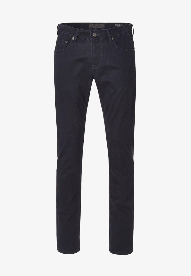 Jean en coton bleu foncé à coupe slim, design cinq poches, fermeture à bouton métallique et détails de couture subtils.