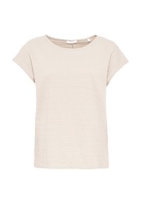 Vaaleanbeige lyhythihainen tekstuurilla varustettu puuvillapaita, jossa on pyöreä pääntie ja rento istuvuus.