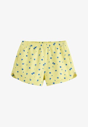 Gele katoenen korte broek met kleine blauwe bloemenprint, elastische tailleband en zijzakken.