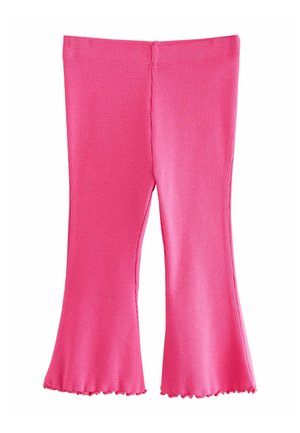 Helle pinke, gerippte Strickhose für Kinder mit ausgestellten Beinen und Rüschensäumen, flach auf weißem Hintergrund präsentiert.