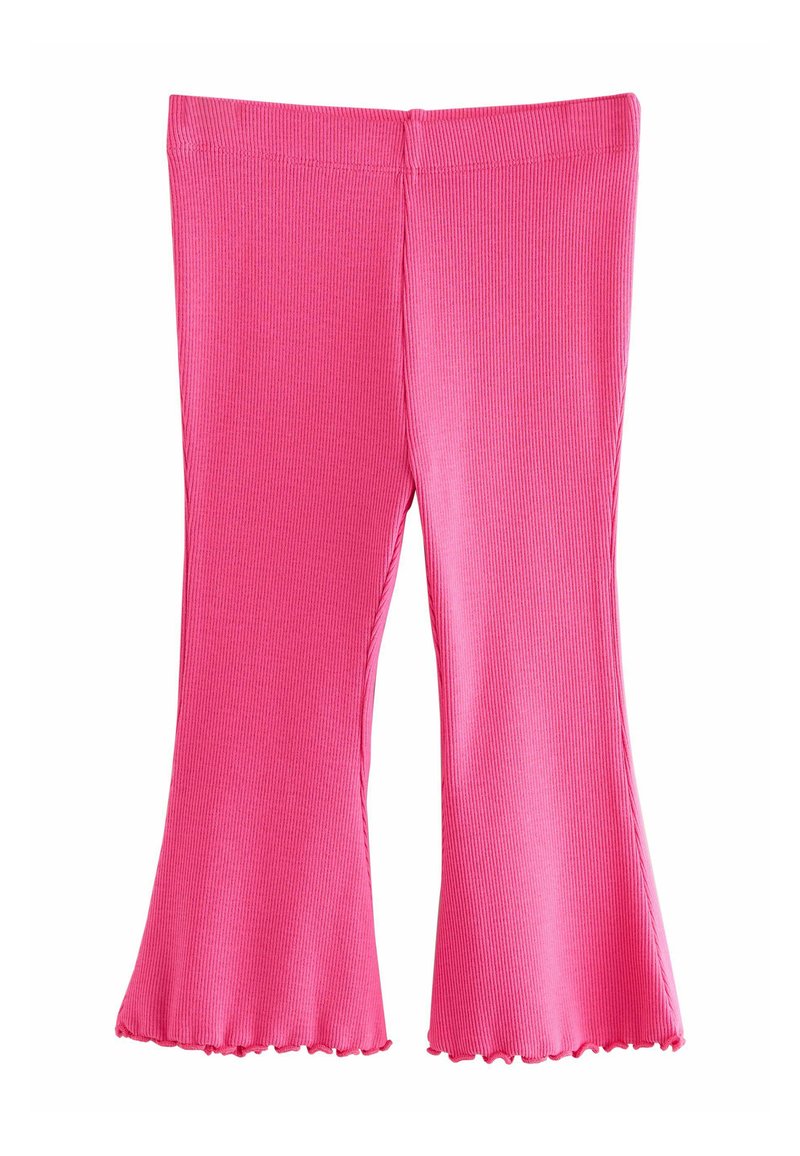 Pantaloni per bambini a coste di colore rosa brillante, con gambe svasate e orli rifiniti a volant, esposti in piano su sfondo bianco.