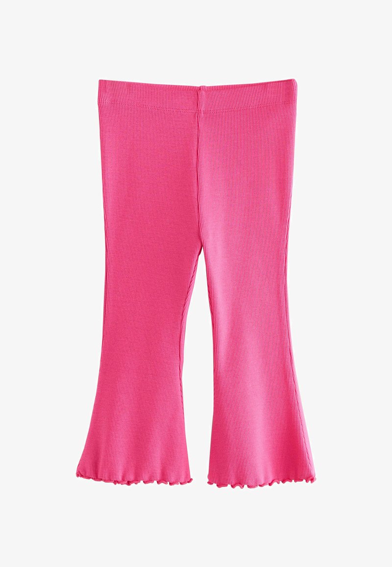Pantalons pour enfants en tricot côtelé rose vif, avec des jambes évasées et des ourlets froncés, présentés à plat sur un fond blanc.