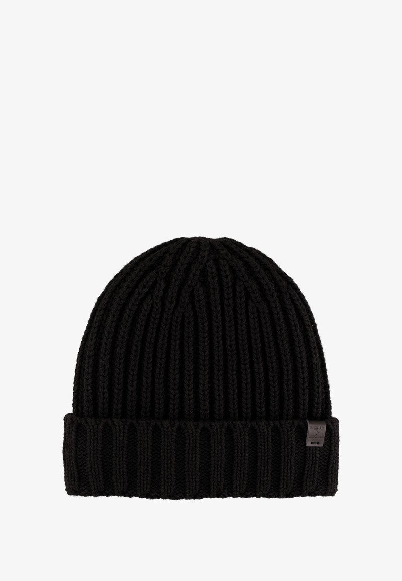 Czarna, dziana czapka beanie z podwiniętym brzegiem. Wykonana z grubej włóczki, z małą metką z logo z boku.