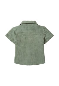 Camicia a maniche corte in tessuto verde testurizzato con colletto e motivo trapuntato. Presenta un orlo dritto e un dettaglio sulla spalla posteriore.