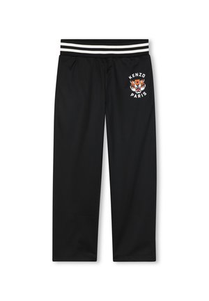 Pantalon de survêtement noir avec une ceinture élastique rayée blanche et noire et un logo tigre avec "Kenzo Paris" sur la partie supérieure gauche de la jambe.
