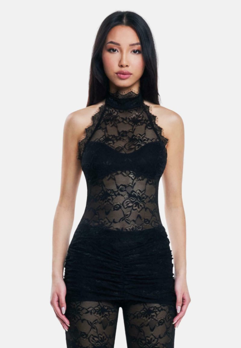 Schwarzer Spitzen-Body mit hohem Ausschnitt, floralem Muster und gerafften Rockdetails. Transparente Materialien mit tailliertem Design.