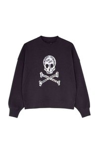 Felpa nera con scollo tondo e spalle scese, con una grafica di teschio e ossa incrociate bianche con testo. Tessuto morbido in misto cotone.