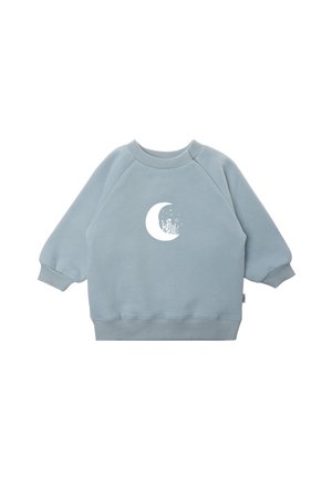 Helles blaues Sweatshirt mit einem grafischen Design eines Halbmonds und floralen Motiven. Verfügt über Raglanärmel sowie einen gerippten Halsausschnitt und Bündchen.