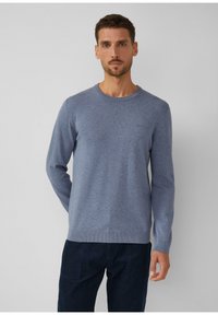 Mann, der vor einem schlichten Hintergrund steht, ein langärmliges hellblaues Sweatshirt und dunkle Hosen trägt, und mit neutralem Ausdruck geradeaus schaut.