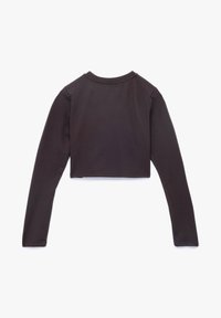 Abgeschnittenes Langarm-Oberteil in Dunkelgrau, aus glattem Stoff mit Rundhalsausschnitt. Schlichtes Design, ohne Muster oder sichtbare Beschläge.