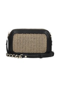 Black crossbody bag with a woven beige front. Features a zip closure, textured surface, and a chain-accented strap for versatility.