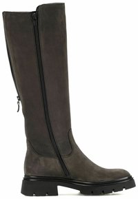 Botte en daim gris foncé montant jusqu'au genou, avec une fermeture éclair latérale, une semelle noire épaisse et un bout arrondi. Présente une texture lisse et un design minimaliste.