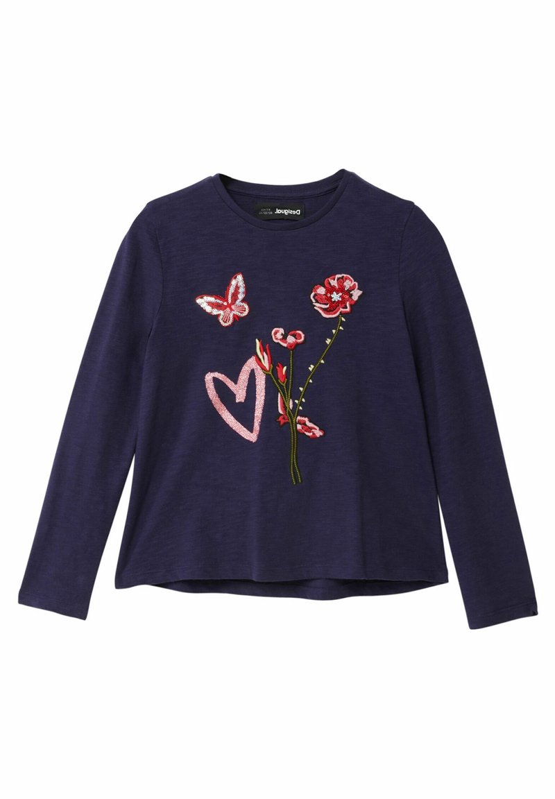 Námořnická modrá dlouhý rukáv s výšivkou růžového srdce, červeného motýla a červené květiny na přední straně.