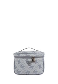 Borsa cosmetica grigia con design a motivo a diamante, dettagli con logo, chiusura a zip e manico superiore per un facile trasporto.