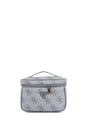 Borsa cosmetica grigia con design a motivo a diamante, dettagli con logo, chiusura a zip e manico superiore per un facile trasporto.