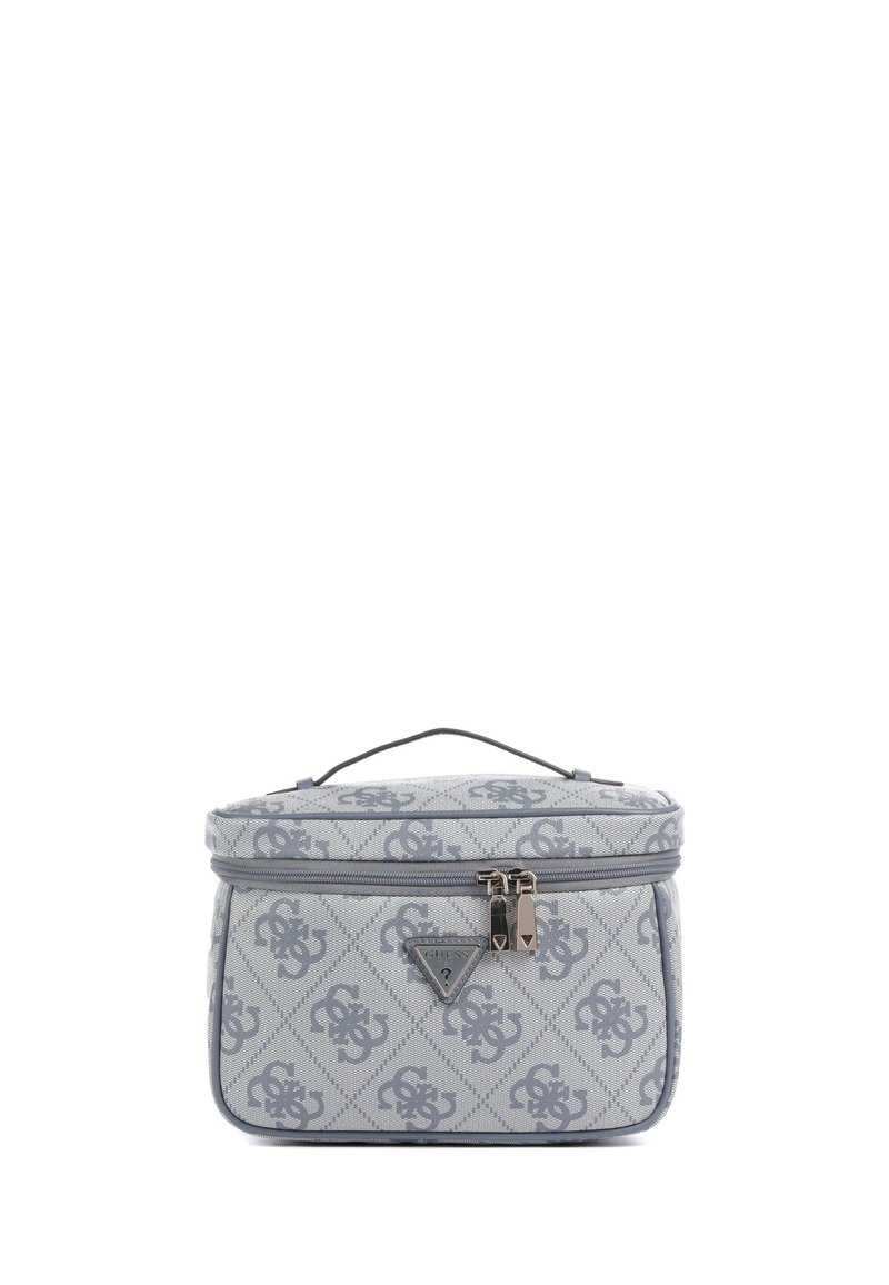 Borsa cosmetica grigia con design a motivo a diamante, dettagli con logo, chiusura a zip e manico superiore per un facile trasporto.