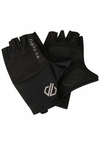 Schwarze fingerlose Handschuhe aus weichem Material, mit strukturierten Griffakzenten an der Handfläche und einem dezenten Logo am Handgelenk.