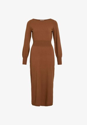 Brown knitted midi dress with a fitted waist, round neckline, and long balloon sleeves, featuring a smooth texture and solid color.