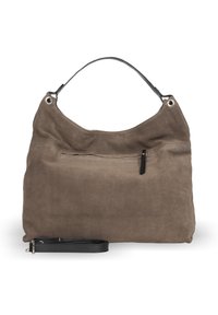 Zamszowa torebka w kolorze taupe z czarnym skórzanym uchwytem. Posiada kieszeń na zamek i odpinany skórzany pasek. Miękka faktura i luźny kształt.
