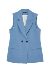 Světle modrý dámský blejzr bez rukávů s klopovým límcem, dvouřadým zapínáním se dvěma černými knoflíky a dvěma předními kapsami. Hladká textura látky.