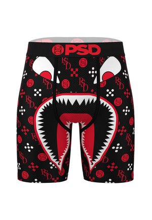 Black boxer briefs with a red and white shark design, featuring a branded waistband and a mix of geometric patterns. Materials are stretchable.